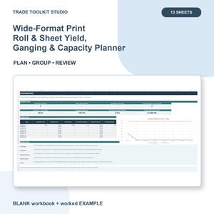 Könnte beinhalten: Eine digitale Tabellenkalkulation zur Planung von Druckertrag, Bogenmontage und Kapazität für Großformatdrucke mit 13 Tabellenblättern. Das Dashboard zeigt Produktionskennzahlen und ein Liniendiagramm der geplanten Druckstunden.