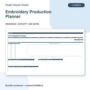 May include: An embroidery production planner digital spreadsheet with 13 sheets, featuring a dashboard for tracking readiness, capacity, and due dates. The layout includes a data table, a line graph for machine hours, and a blank workbook with a worked example.