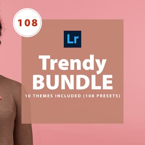 May include: A woman points to a graphic with the text "Trendy BUNDLE" and "10 Themes Included (108 Presets)". The graphic is on a pink background. The Adobe Lightroom logo is in the top right corner.