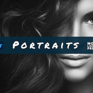 May include: Black and white image of a woman's face with long, wavy hair. A dark blue banner across the image reads "PORTRAITS" and "MOBILE LIGHTROOM PRESETS". The Lightroom logo is on the left.