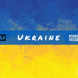 May include: Digital art featuring the colors of the Ukrainian flag: blue and yellow. The word "Ukraine" is written in white, with "Lr" in a black square on the left. The text "Mobile Lightroom Presets" is also included.