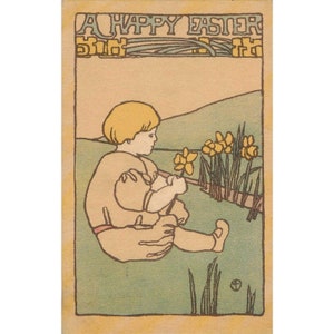 Cartão postal Art Déco de 1914 Páscoa menino narciso impressão em bloco L.F.