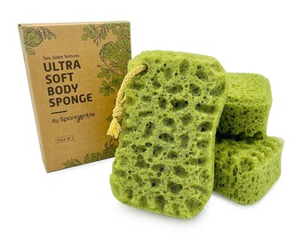 3 Pack Exfoliating Body Sponge Ultra Soft Vacuum Sealed, for Bath and Shower, Multiple Textures, Generous and Rich Lather, for All Ages