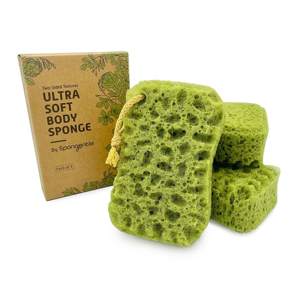 3 Pack Exfoliating Body Sponge Ultra Soft Vacuum Sealed, for Bath and Shower, Multiple Textures, Generous and Rich Lather, for All Ages