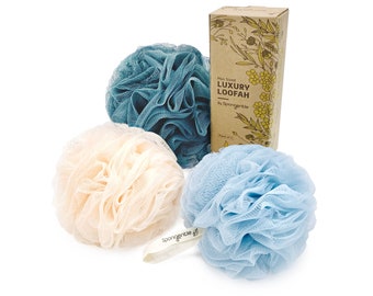 3 Pack Dual Texture Loofah Sponge Luxury, Bath and Shower, Exfoliating Body Scrubber, Beautiful Colors for Women and Men