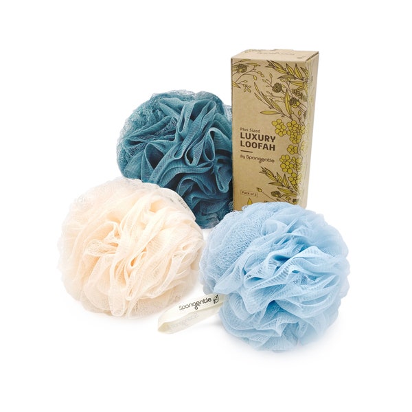 3 Pack Dual Texture Loofah Sponge Luxury, Bath and Shower, Exfoliating Body Scrubber, Beautiful Colors for Women and Men