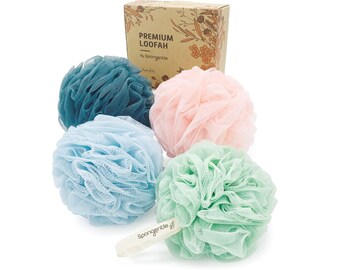 4 Pack Deep Cleansing Loofah Sponge, Bath and Shower, Exfoliating Body Scrubber, Beautiful Colors for Women and Men