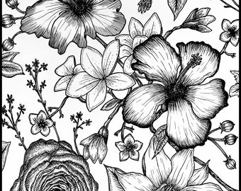 Floral Pen and Ink Print: Lily, Orchid, Carnation (8.5” x 11”)
