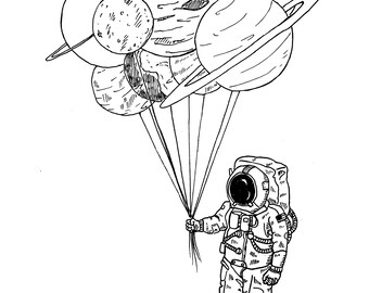 Astronaut Holding Planet Bouquet Pen & Ink Print
