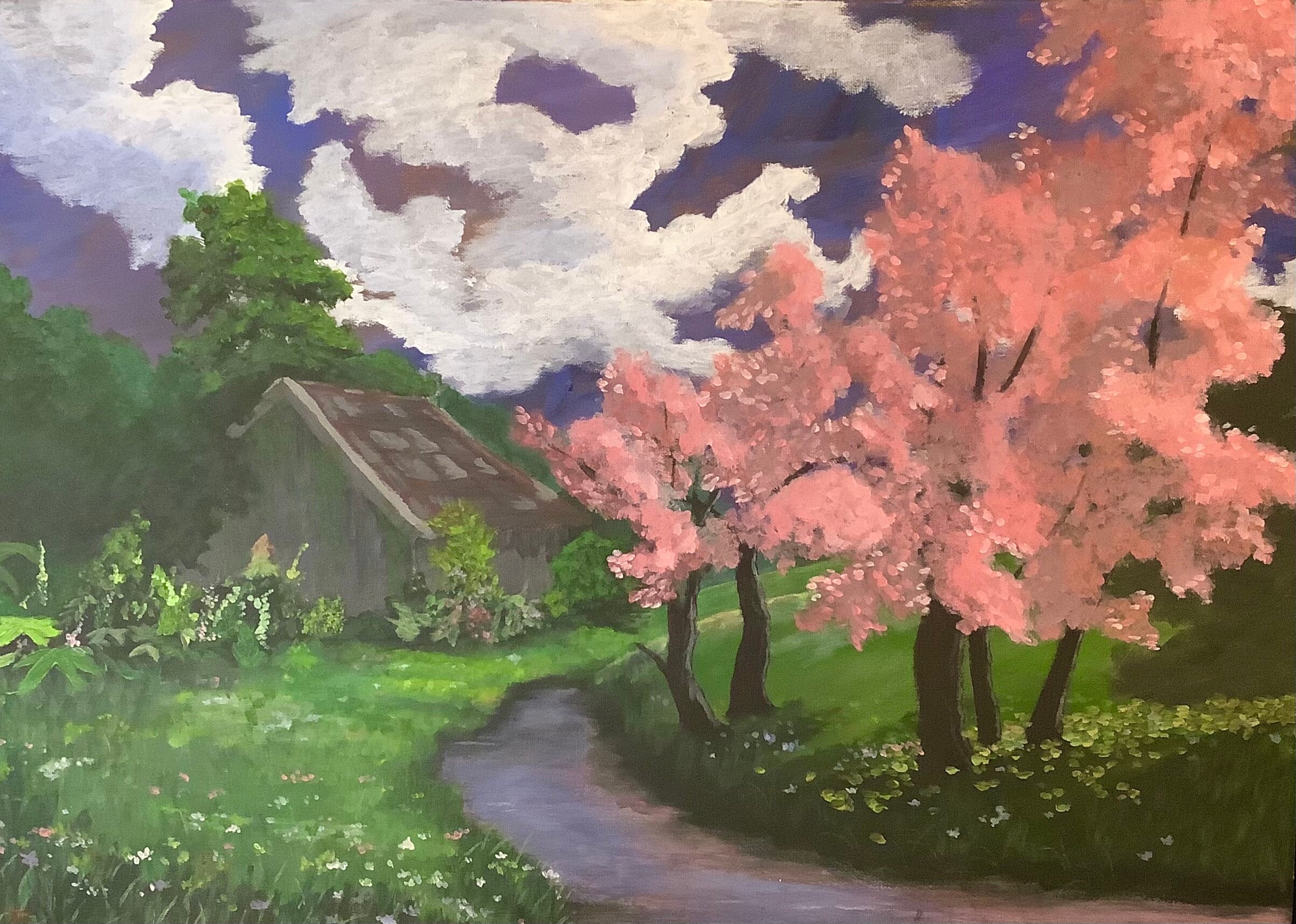 Acrylic Painting - Pink Trees in Spring Imitation de Kevin Hill Réalisée Par Kurt Thirion