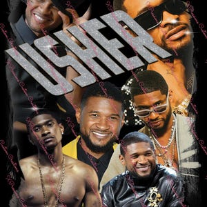 Può includere: Un collage di immagini con Usher, un famoso cantante e cantautore. Le immagini sono disposte in una griglia e mostrano Usher in varie pose e ambientazioni. La parola "USHER" è visualizzata in modo prominente in grandi lettere scintillanti al centro del collage.