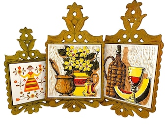 Vintage Ceramic Tile Trivet Set, Made in Japan, Retro MCM Kitchen Decor, Wall Hanging