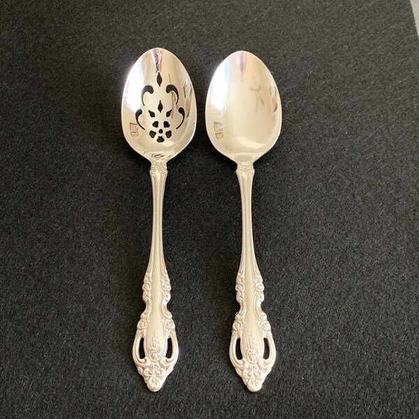 2 BRAHMS - by Oneida Community - 1 Pierced & 1 Solid Serving Spoon 8 3/8" Flatware Silverware Dining