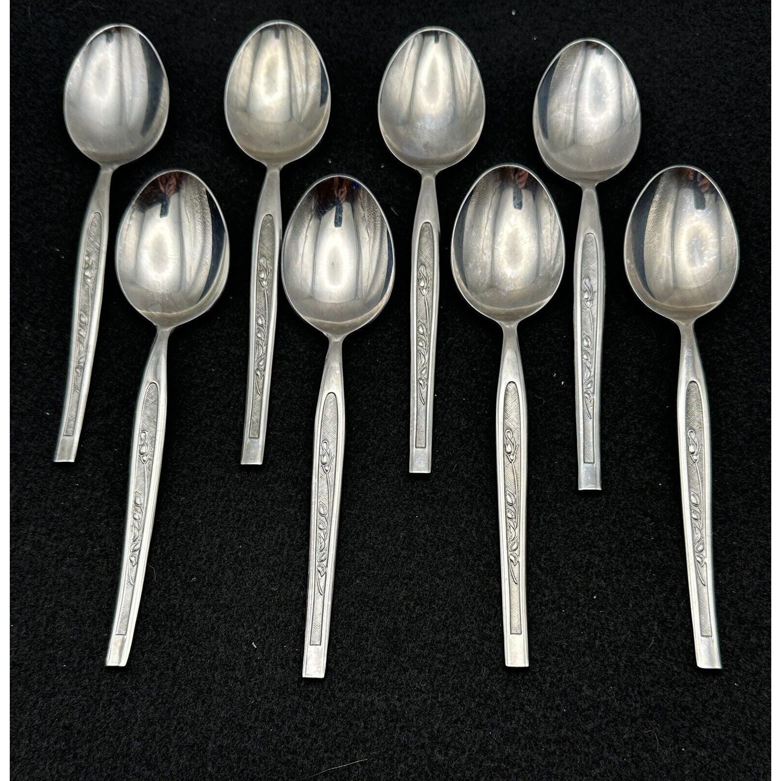 8 Rose Bud Japan Stainless Steel Flatware Tea Spoons 6 1/4" Long Stem Flower