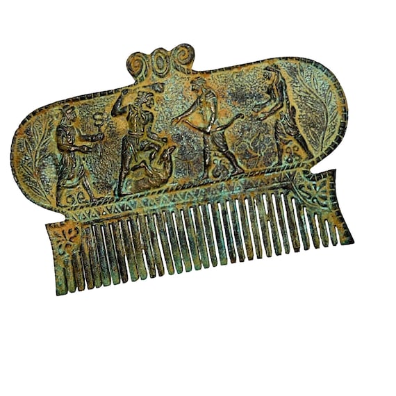 Ornate Roman Empire Etruscan Metal Hair Comb With… - image 1