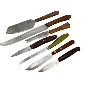 7 Knife Lot Interpur Japan, Kitchenmaid USA, Ekco, Dolphin, Wood Handles VIntage