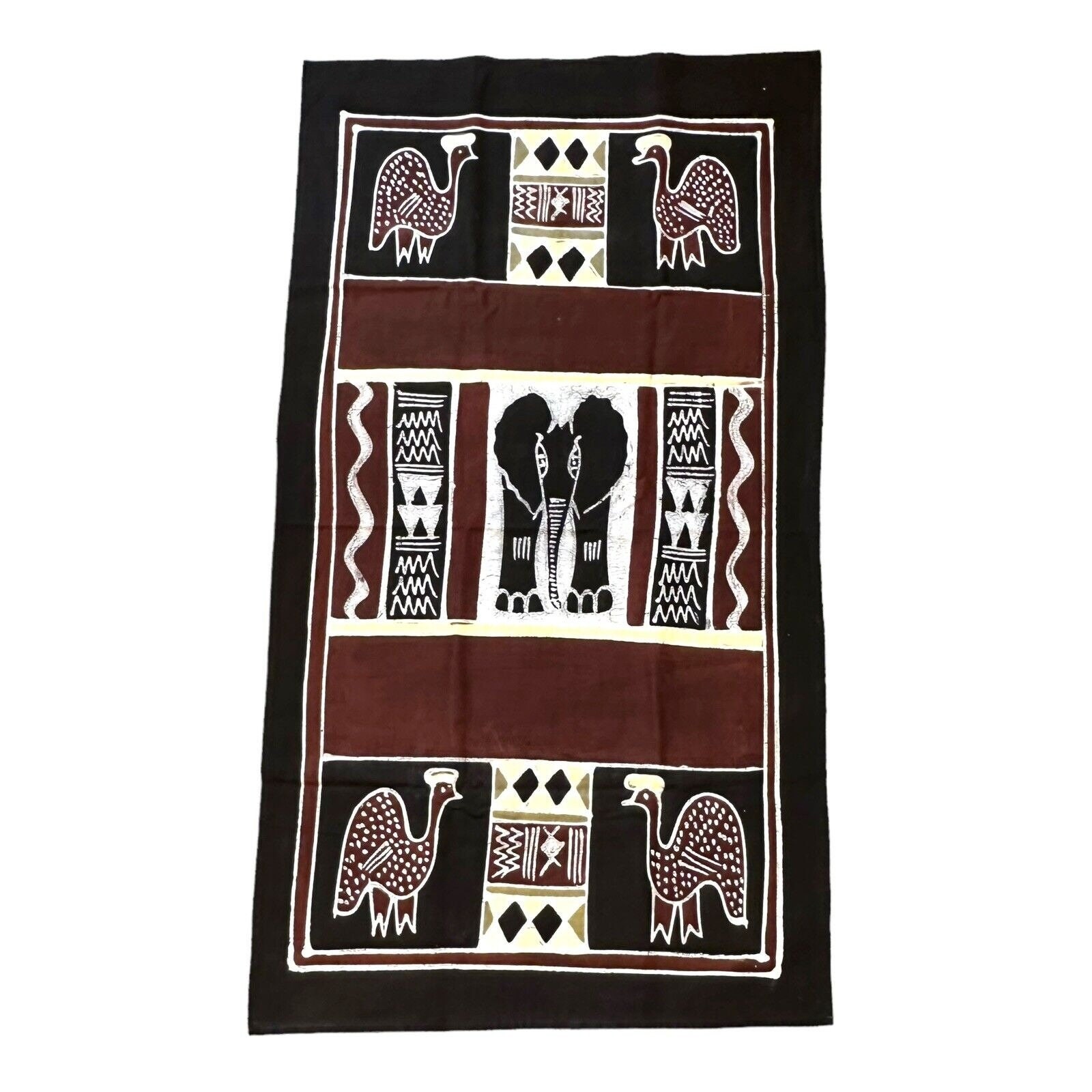 African Hand Painted Batik Decor Wall Hanging Fabric Table Cover Elephant Birds 57" x 30" Maroon & Black