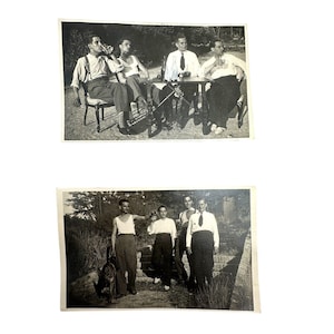 May include: Two black and white photographs of groups of men. The first photo shows five men sitting at a table outdoors. The second photo shows four men standing outdoors with a dog.