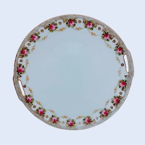 MW Co RS Germany Cake Plate Handled Hand Painted Pink Roses w/18 Carat Gold Trim