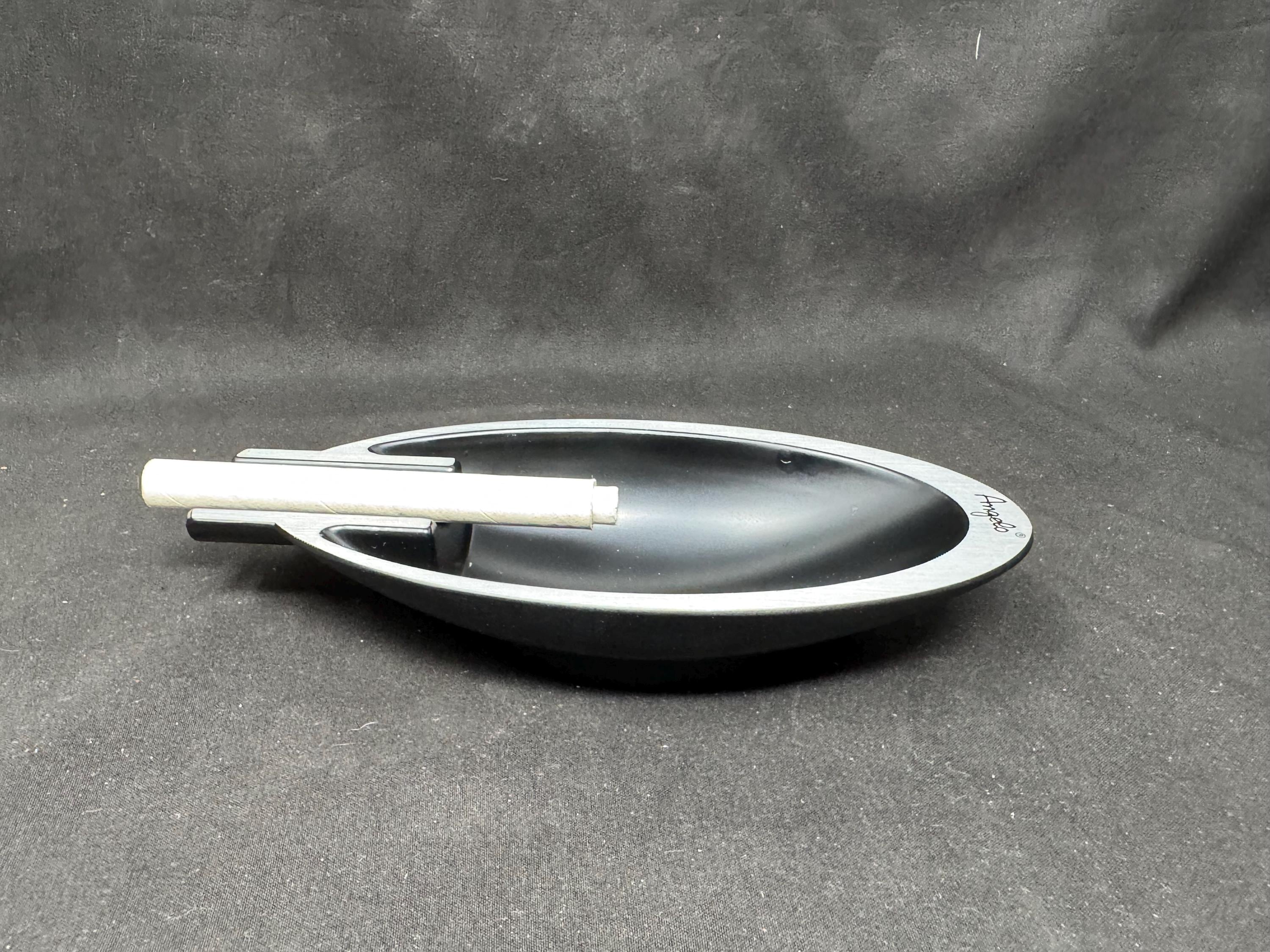 ANGELO Patented Ceramic Ashtray, Italian Mid-Century Modern, Glossy Black with Grey Rim