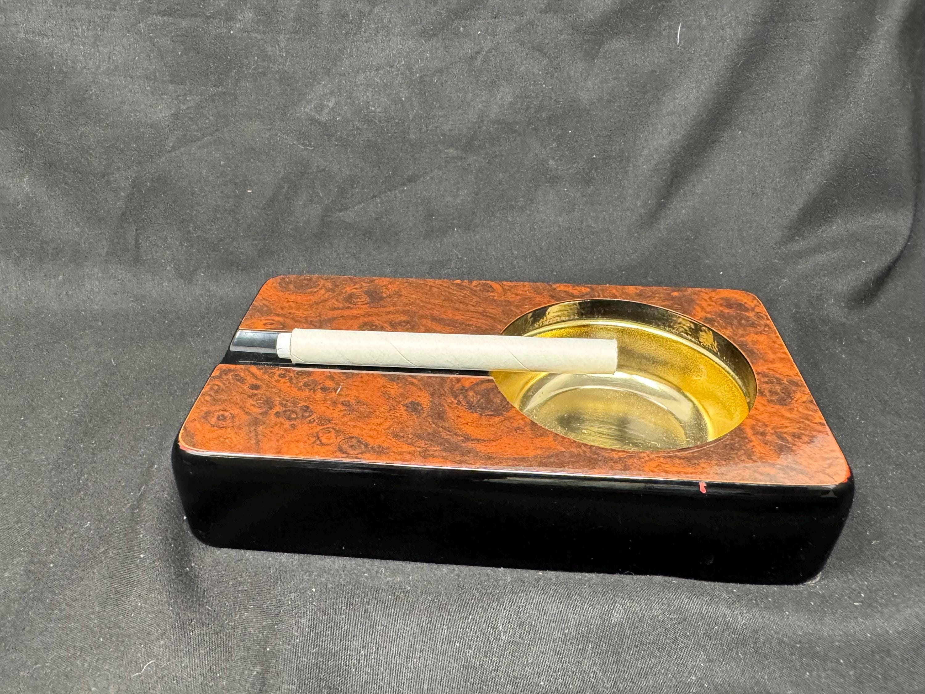 Mid-Century Modern Brass and Wood Cigar Ashtray, c. 1940s-1960s