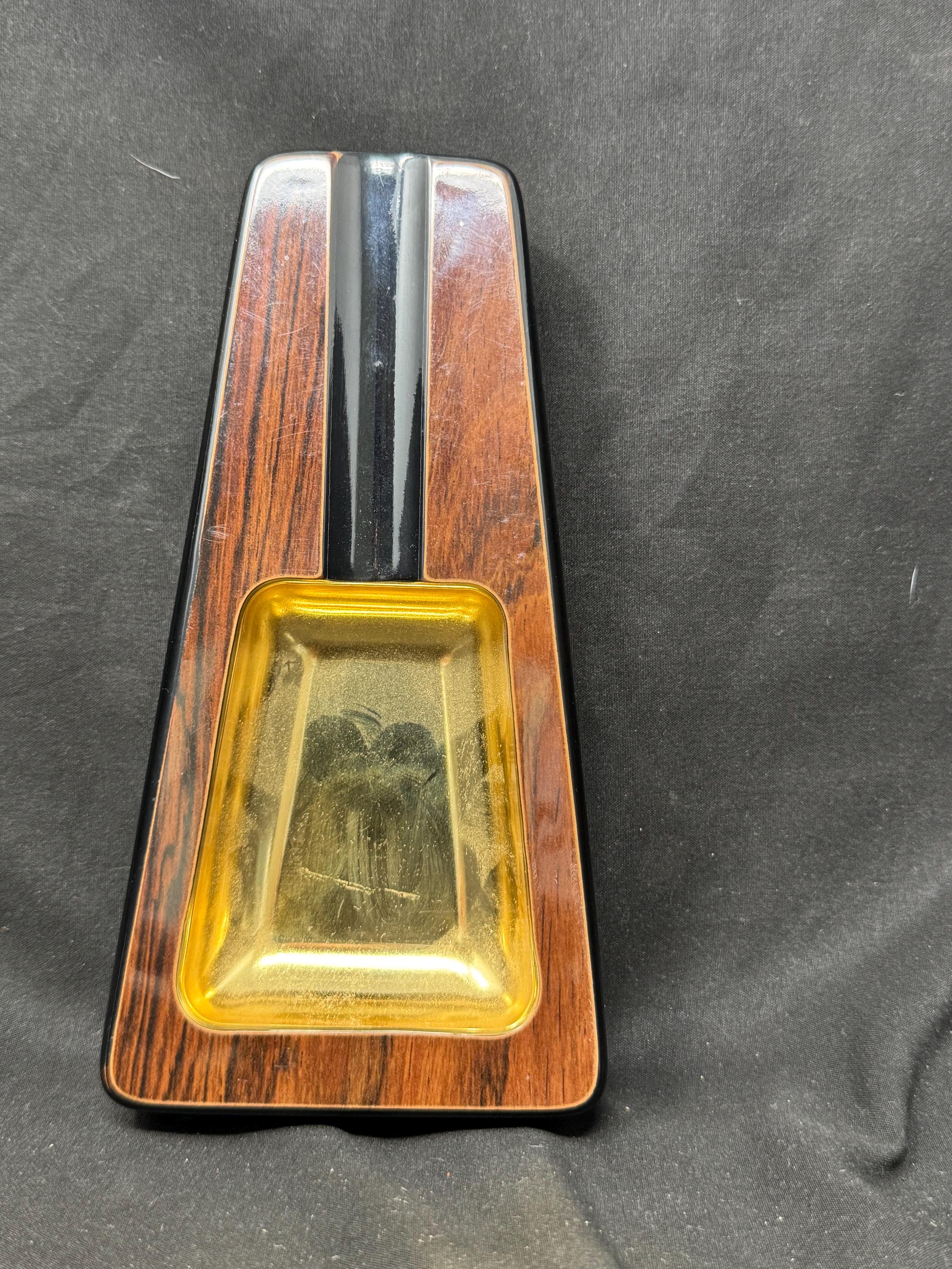 Mid-Century Modern Trapezoid Brass & Wood Ashtray - Dunhill-Style Smoking Accessory, c.1950s-70s 4