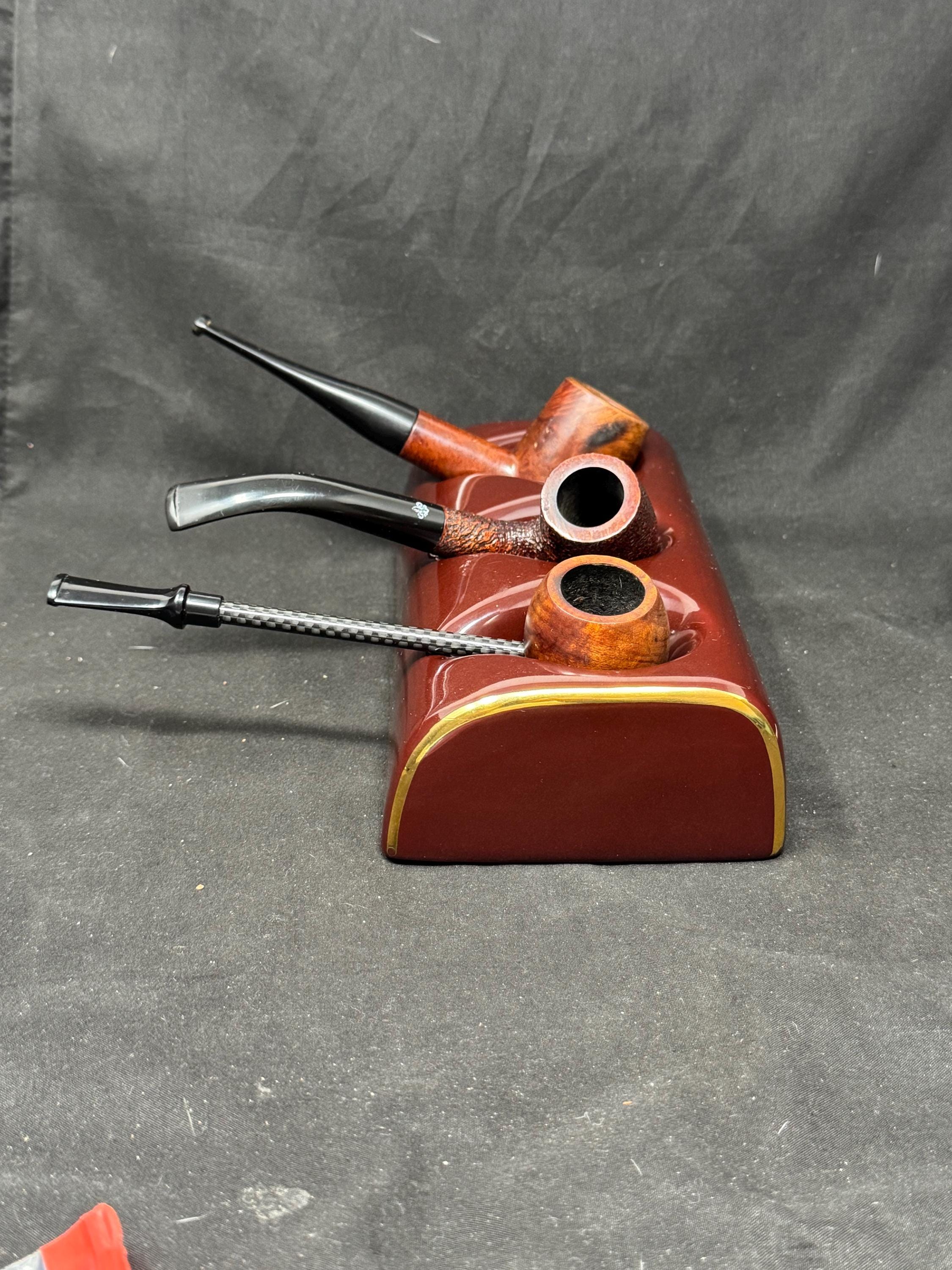 Art Deco Revival Chocolate Ceramic Triple Pipe Stand - New Old Stock NOS 6