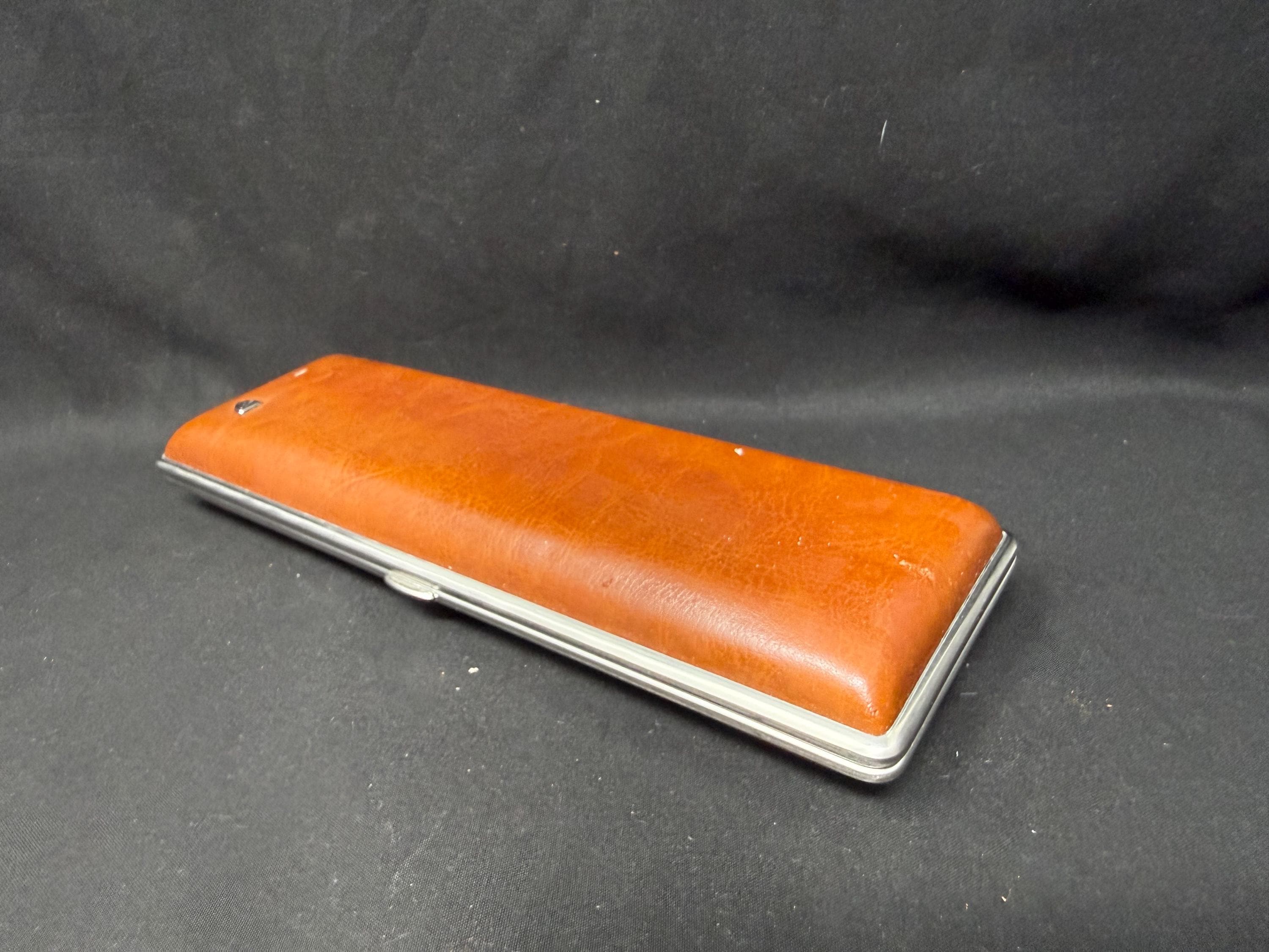 Antique German Leather Cigar Case with Metal Frame, Mid-20th Century NOS 10