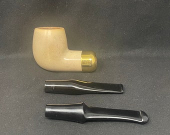 Vintage Turkish Meerschaum 18K gold Plted band Straight Smooth Billiard Fishtail 9mm / P-Lip no filter Handmade Tobacco Pipe.SKU-723