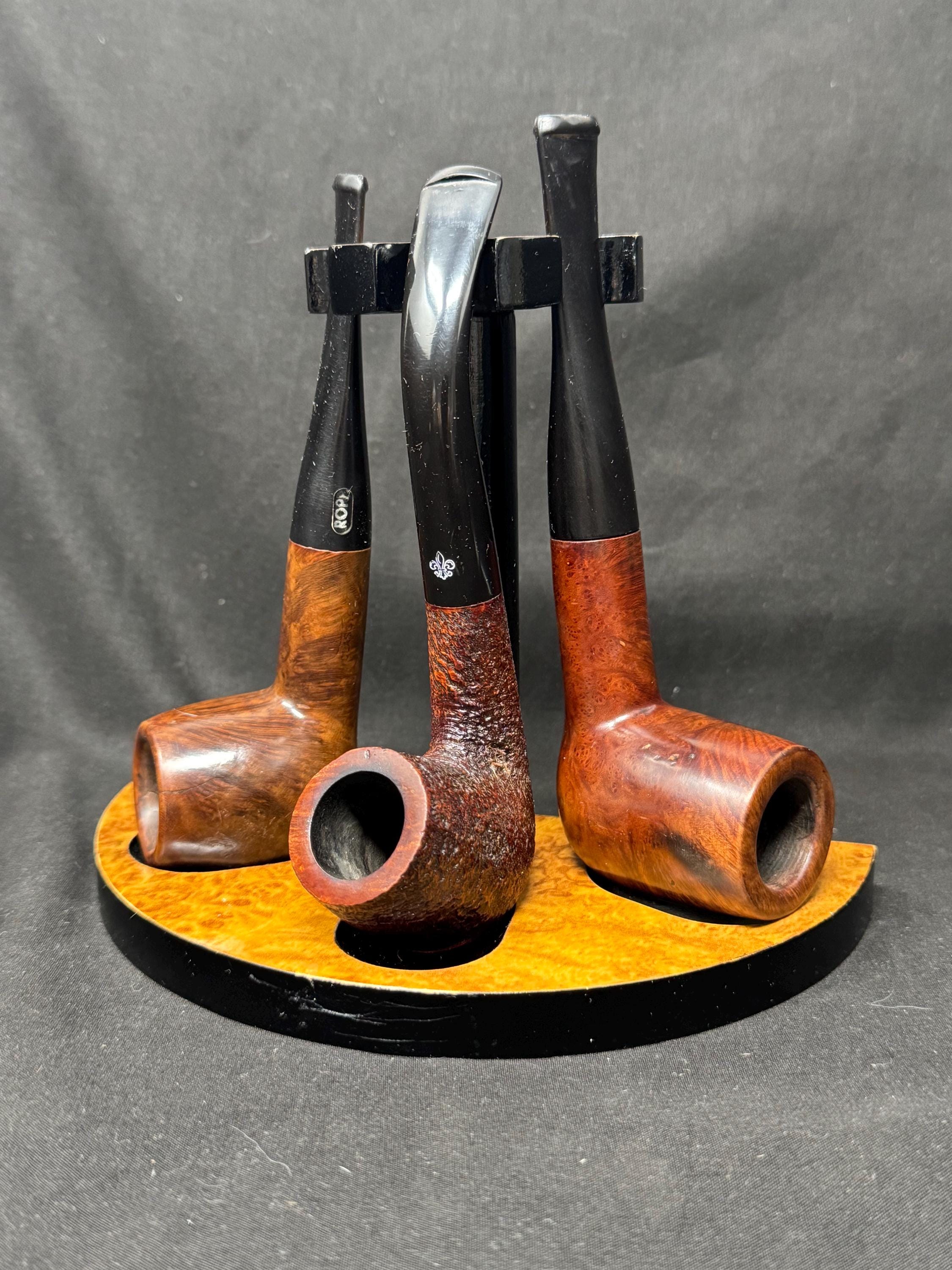 Mid-Century Modern Half-Moon 3-Pipe Display Stand | NOS Acrylic Wood-Effect Cabinet 2