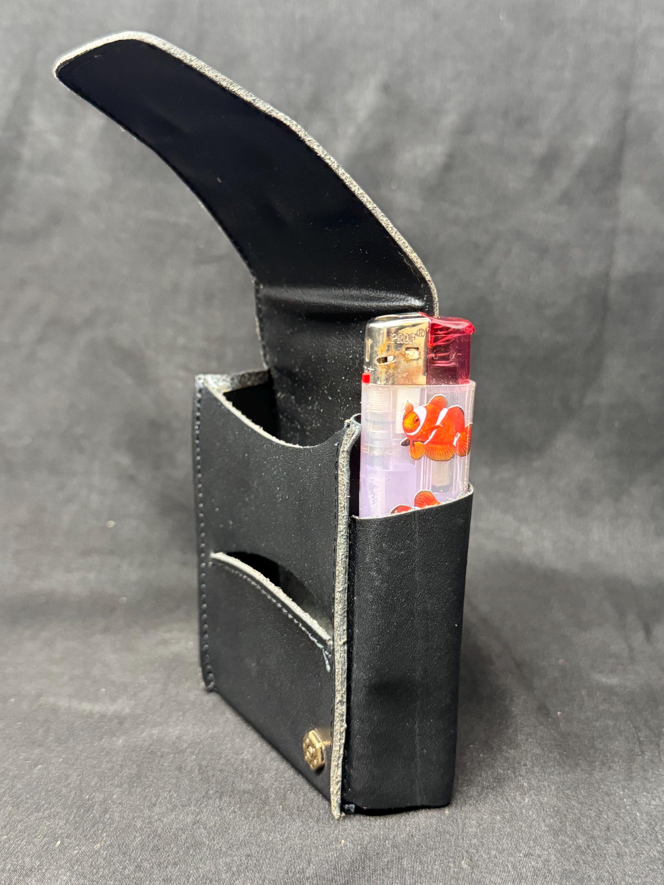 German Leather Cigarette & Lighter Set, Brass Star Logo, 4 inch Case, NOS 8