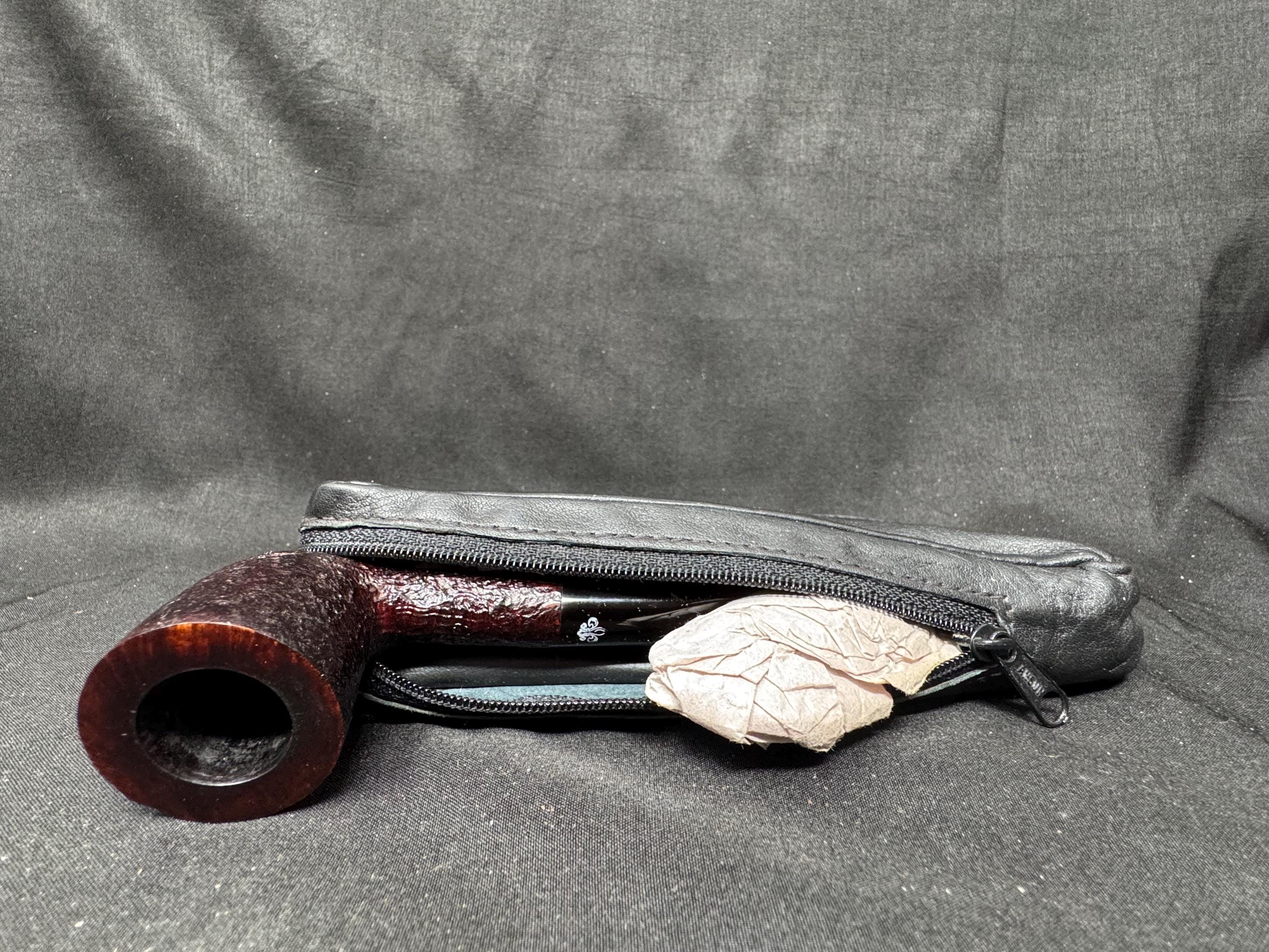 Vintage German Leather Pipe & Tobacco Pouch, Dual-Zipper NOS, c. 1980s-1990s 2