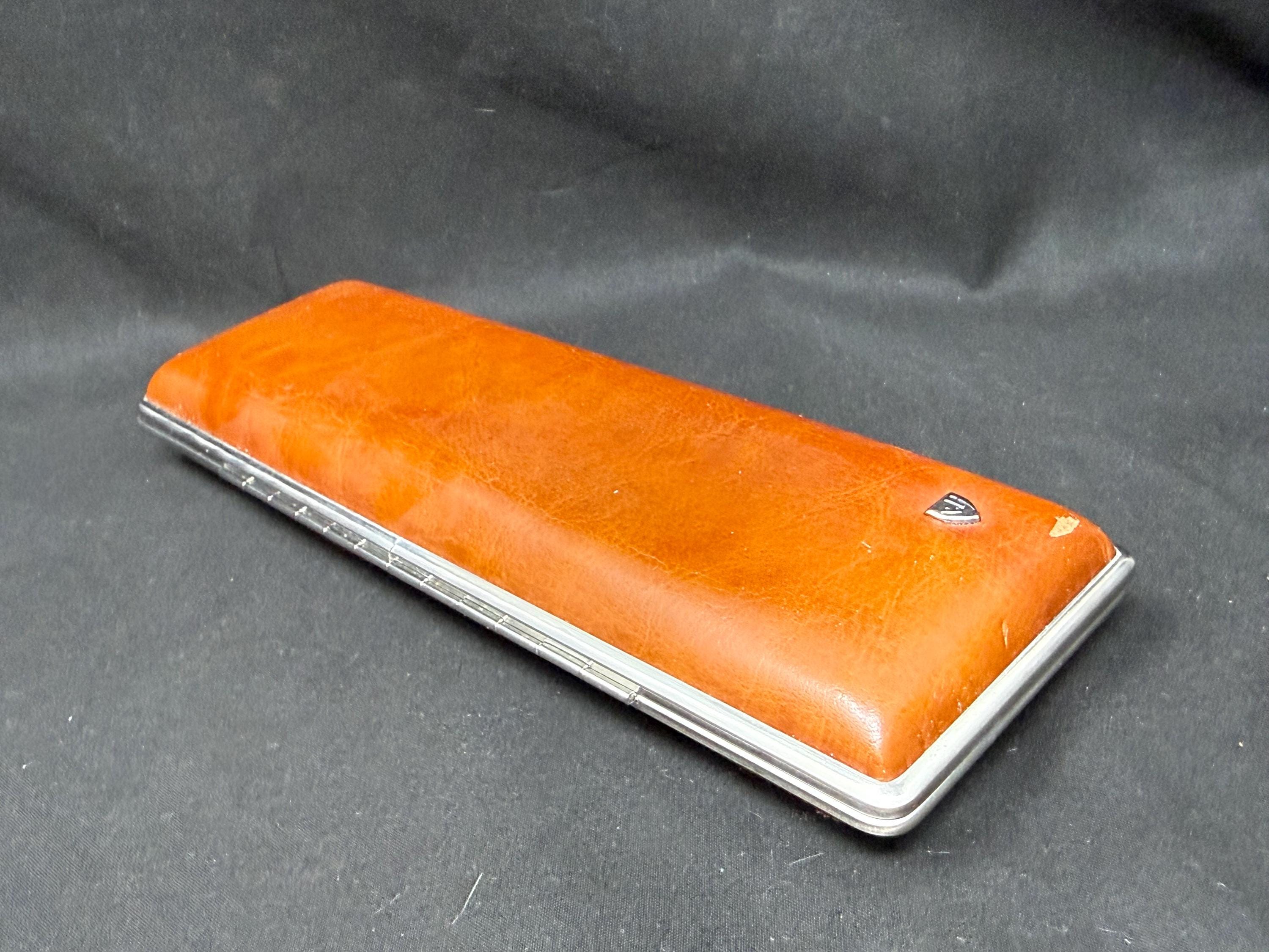 Antique German Leather Cigar Case with Metal Frame, Mid-20th Century NOS 3