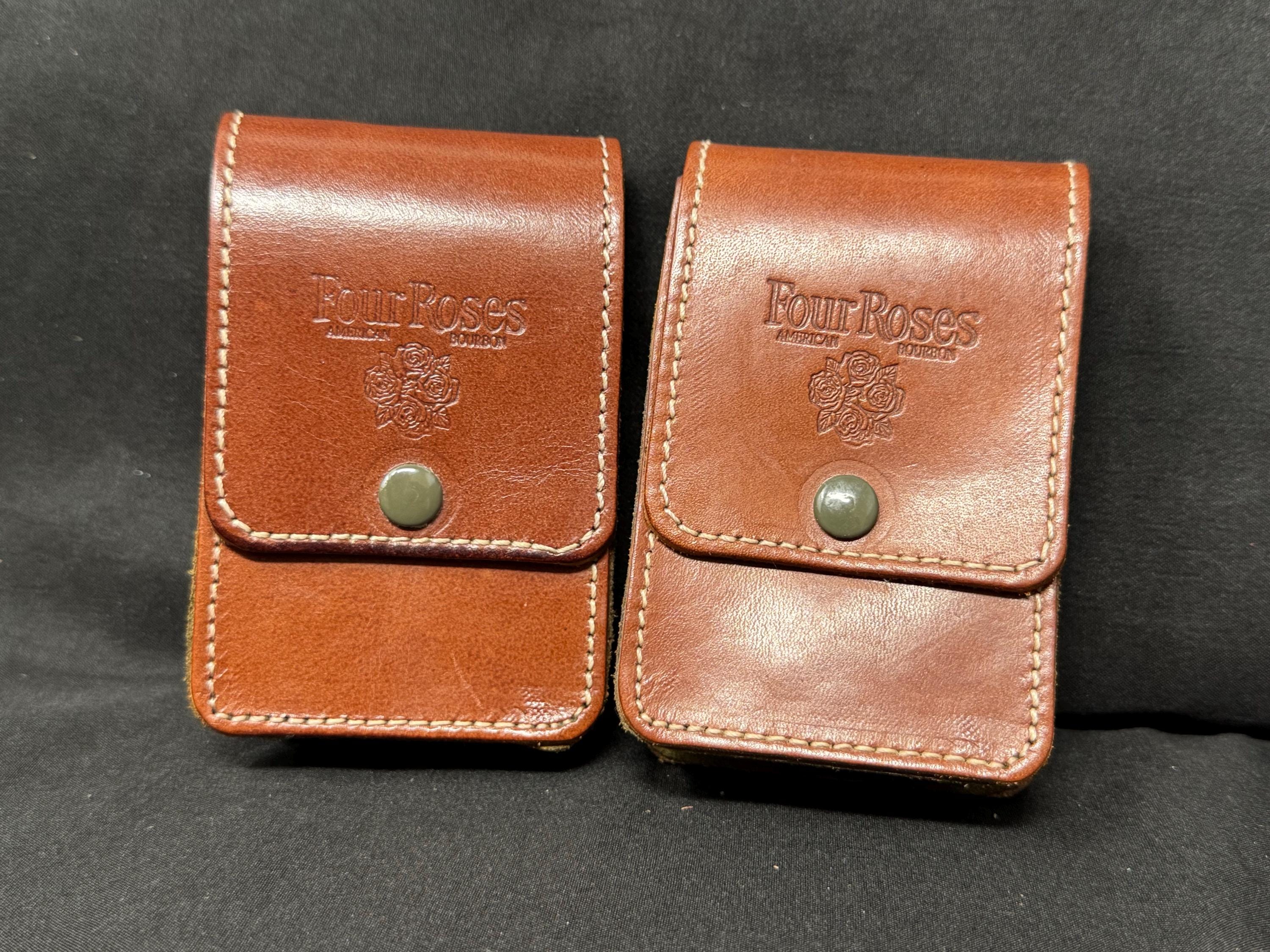 High-quality Four Roses reddish leather engraving. Features a secure  lock. Solid, elegant feel. Vintage new old stock.4”x2.5”x1”.SKU-118 7