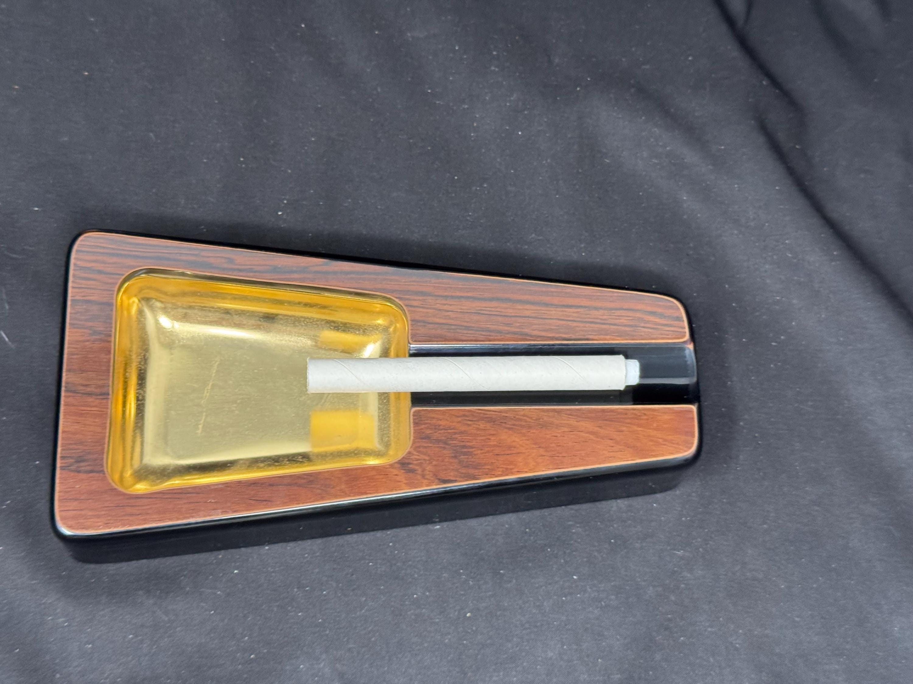 Mid-Century Modern Trapezoid Brass & Wood Ashtray - Dunhill-Style Smoking Accessory, c.1950s-70s