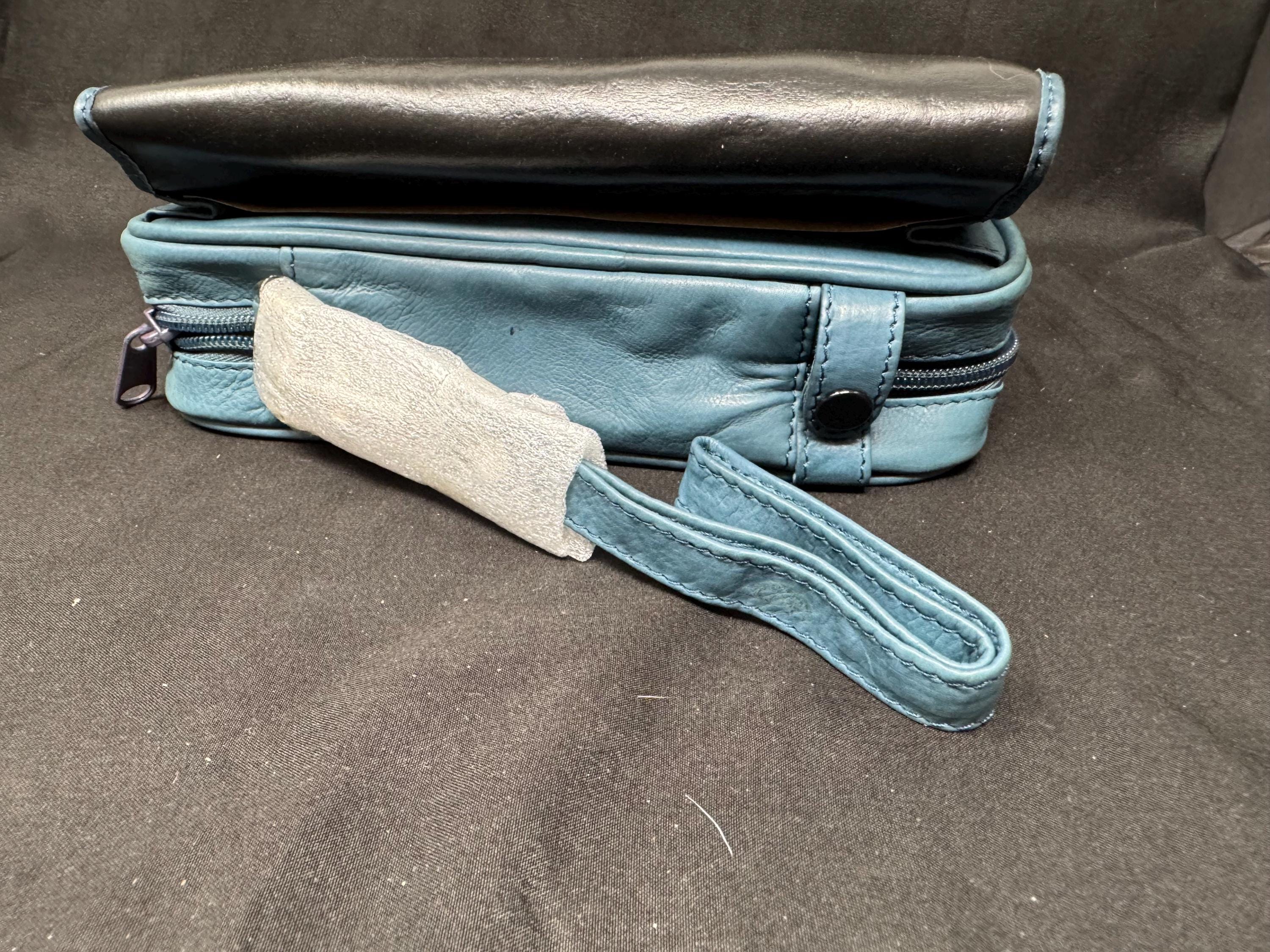 German Blue Leather 4-Pipe Organizer Bag, 8x6x2 inches | Tobacco & Tool Storage Case 8