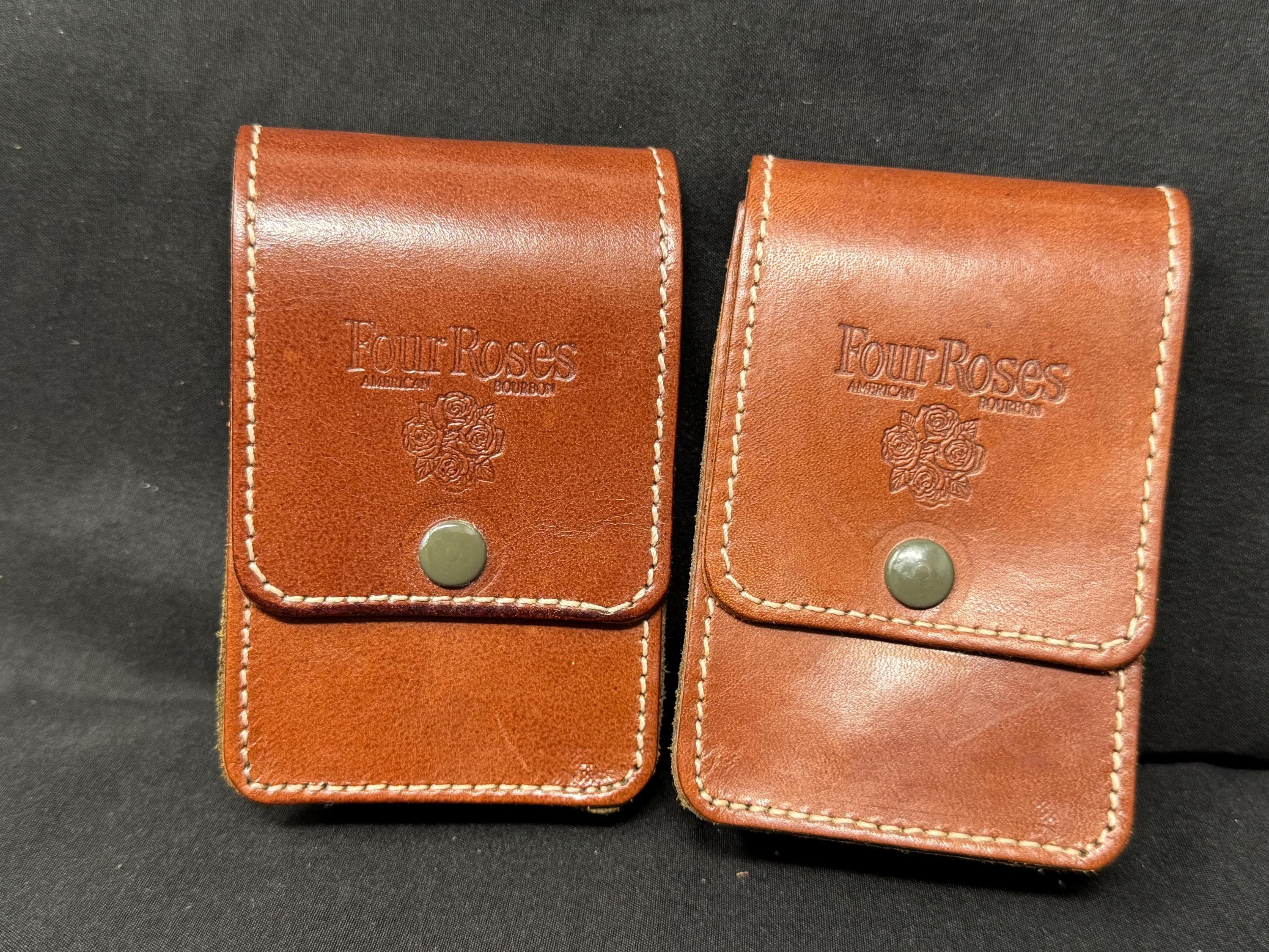 High-quality Four Roses reddish leather engraving. Features a secure  lock. Solid, elegant feel. Vintage new old stock.4”x2.5”x1”.SKU-118