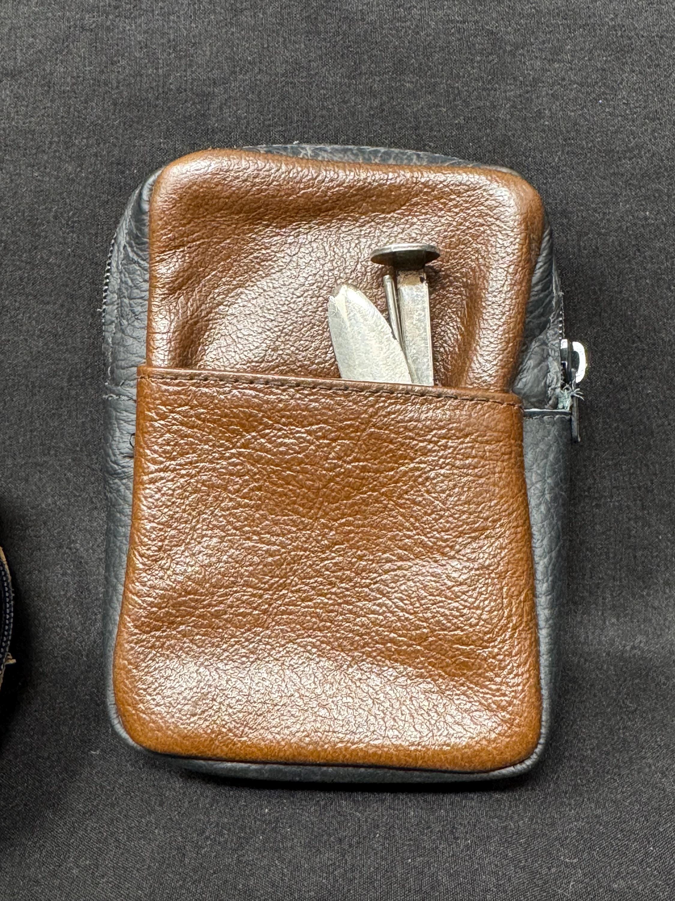 Vintage German Soft Leather Tobacco Pouch - 3-Zone Organizer, Dual Zippers, NOS 6