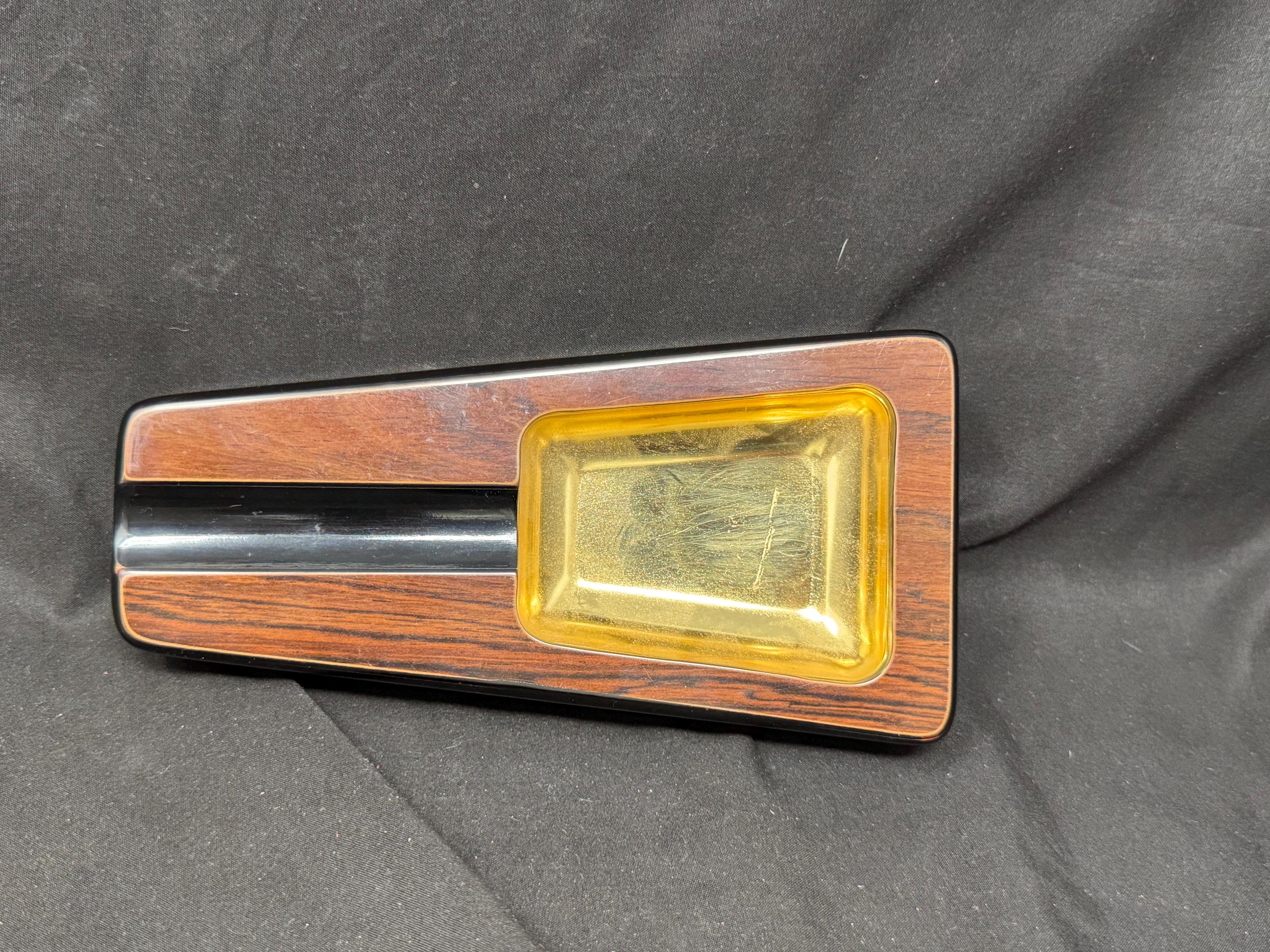 Mid-Century Modern Trapezoid Brass & Wood Ashtray - Dunhill-Style Smoking Accessory, c.1950s-70s 3