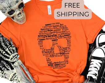 Halloween Skull Word Art T-Shirt: Spooky Graphic Tee