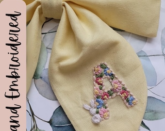 Personalized Easter Bow – Hand Embroidered Initial Cotton Hair Clip