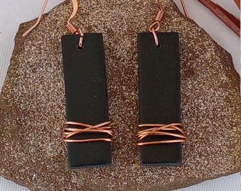 Black wrapped with copper metal, minimalist polymer clay earring, handmade, jewelry, gift for women, earrings, modern, gift, hypoallergenic