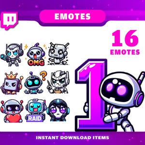 16 Robot-emotepack, Twitch-emotes, Anime-emotes, Chibi-emotes, Schattige emotes, Meme-emotes, Twitch-emotes, Twitch-afbeelding, Discord-emotes.