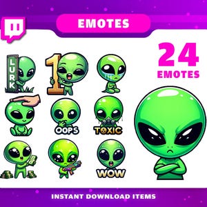 24 Alien Emote Pack, Twitch Emotes, Anime Emotes, Chibi Emotes, Cute Emotes, Meme Emotes, Twitch Emotes, Twitch Graphic, Discord Emotes.