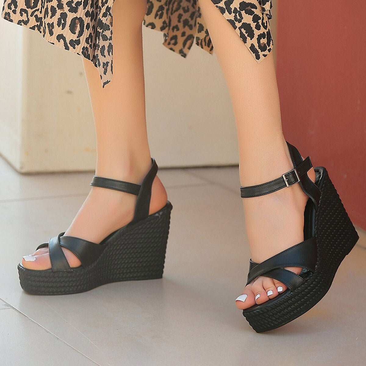 black lace wedge heels