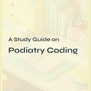 Puede incluir: Una guía de estudio sobre codificación de podología. La imagen muestra un escritorio con libros, bolígrafos y una guía de estudio. El texto está en negrita, fuente oscura. El fondo es amarillo claro.