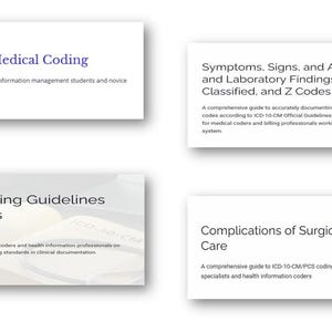 Può includere: Quattro schede rettangolari bianche con testo relativo alla codifica medica. I titoli includono "Basic Steps of Medical Coding", "Symptoms, Signs, and Abnormal Clinical and Laboratory Findings", "General Coding Guidelines for Diagnosis" e "Complications of Surgical and Medical Care."