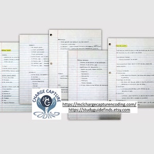May include: A collection of handwritten notes on lined paper, likely for a study guide. The notes are organized into sections with headings like "Primary Sources" and "Secondary Sources". The notes include bullet points and lists of information. The image also includes a logo for "Charge Capture Coding" with the website address "https://mlcchargecaptureencoding.com/" and "https://studyguidefinds.etsy.com".