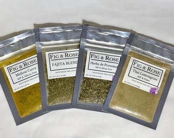 Confezione da 4 miscele di spezie senza allium: Fajita, Curry, Erbe di Provenza, Citronella tailandese