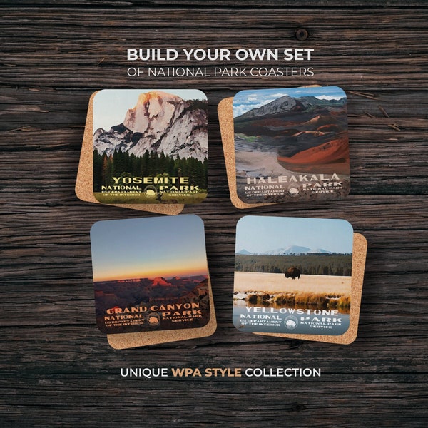 Build your own set of National Park coasters | Any Quantity | WPA poster style | Travel gift | Vintage travel gift | Retro travel gift